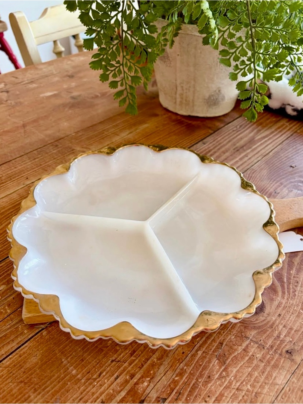 Anchor Hocking White and Gold Scalloped Divided Serving Dish - Home Dining